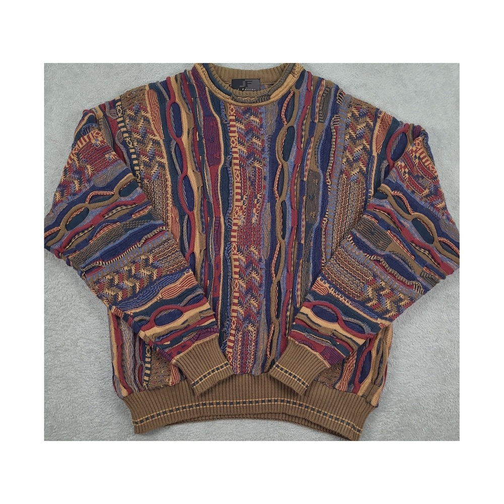 J Ferrar Mens Vintage 3D Textured Knit Sweater Large Blue Brown 90s Coogi Style